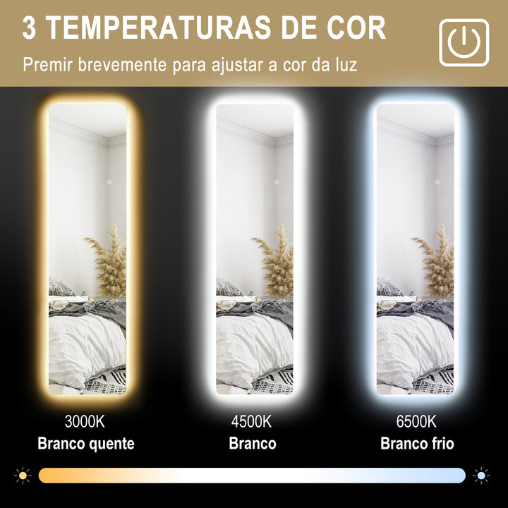 Espelho de Pé com Luz LED 40x150 cm Espelho de Corpo Inteiro sem Estrutura com Iluminação de 3 Cores Função de Memória e Tátil para Sala de Estar Dormitório Transparente