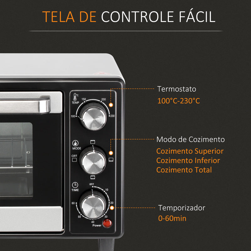 Mini Forno 16L 1400W com 3 Modos de Aquecimento Temperatura até 230°C Temporizador 60 Minutos Bandeja para Assar e Grade 44x32x28,1cm Prata