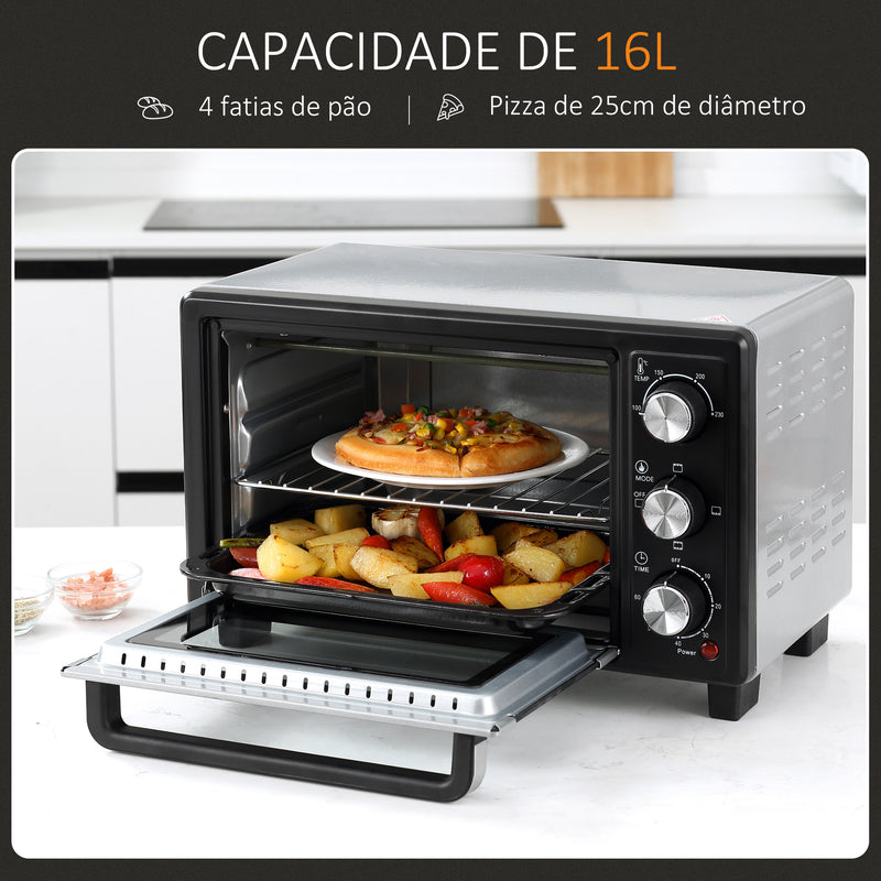 Mini Forno 16L 1400W com 3 Modos de Aquecimento Temperatura até 230°C Temporizador 60 Minutos Bandeja para Assar e Grade 44x32x28,1cm Prata