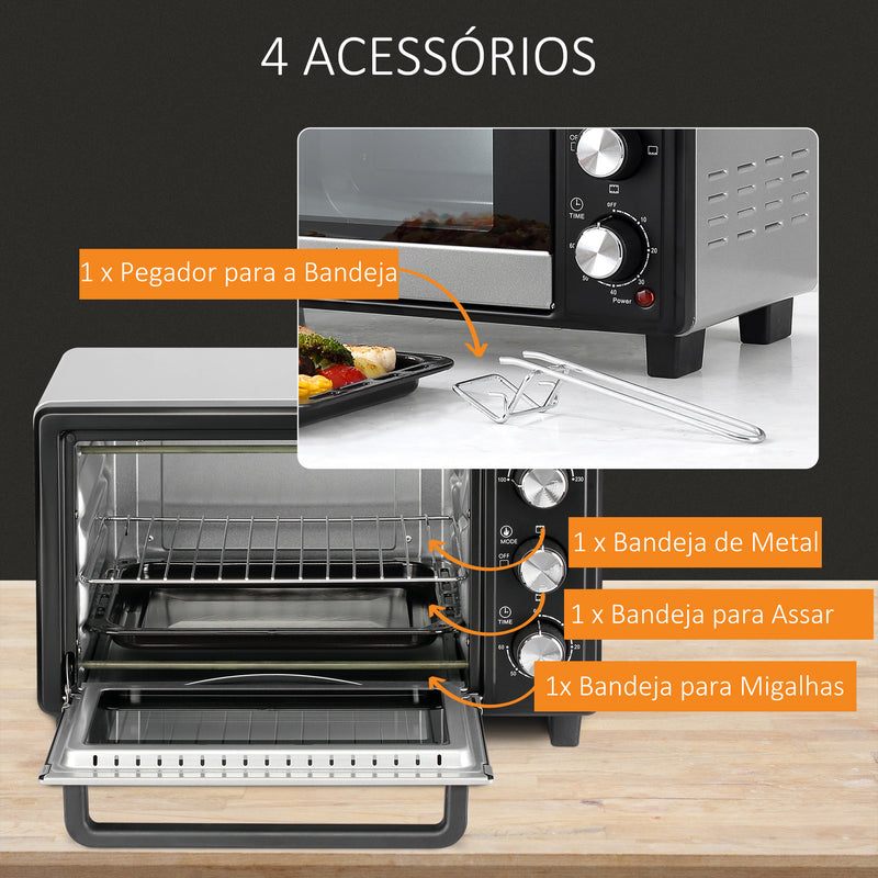 Mini Forno 16L 1400W com 3 Modos de Aquecimento Temperatura até 230°C Temporizador 60 Minutos Bandeja para Assar e Grade 44x32x28,1cm Prata