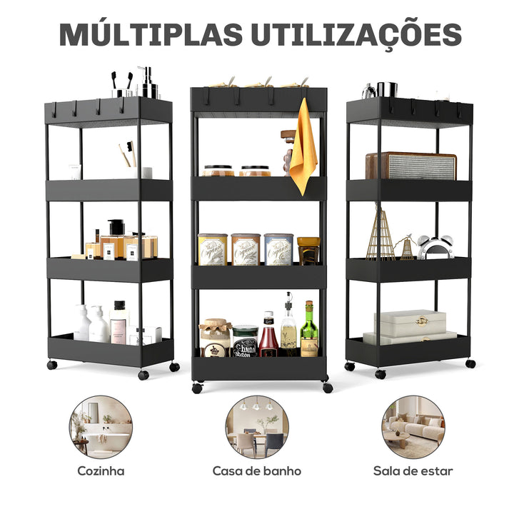 Carrinho Auxiliar com Rodas Carrinho de Armazenamento com 4 Cestas e 4 Ganchos Amovíveis para Cozinha Casa de Banho Sala de Estar 40x19x90 cm Preto