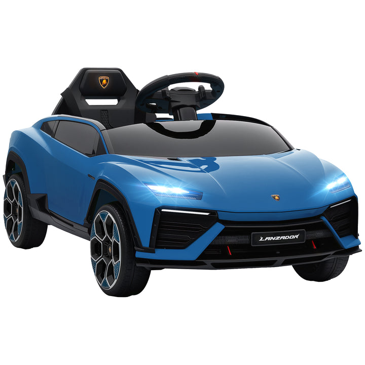 Carro Elétrico para Crianças acima de 3 Anos Lamborghini Infantil a Bateria 12V com Controlo Remoto 2,4G Motor Duplo Rodas com Suspensão Portas Estilo Tesoura Faróis Música USB 101,5x49x43 cm Azul