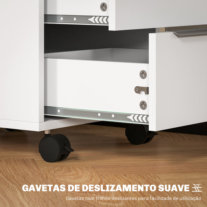 Bloco de Gavetas Móvel de Escritório com 3 Gavetas Fechadura Rodas e Travão para Documentos Arquivos 40x40x63,5 cm Branco