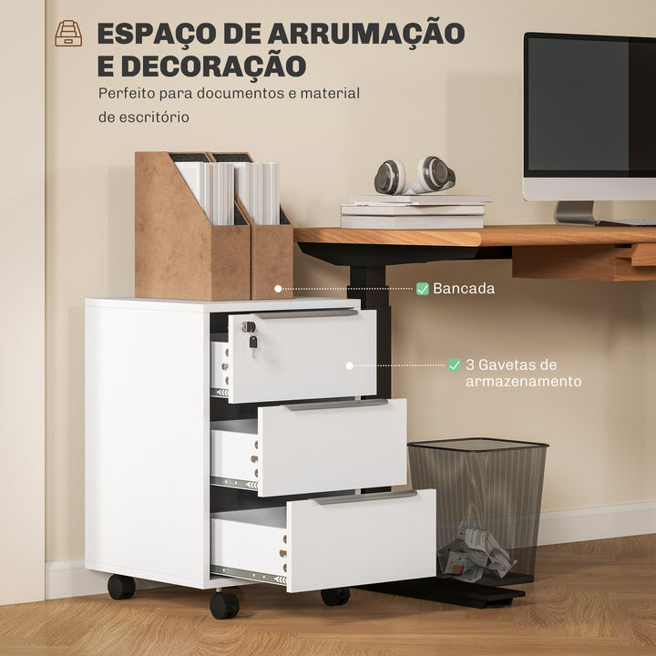 Bloco de Gavetas Móvel de Escritório com 3 Gavetas Fechadura Rodas e Travão para Documentos Arquivos 40x40x63,5 cm Branco