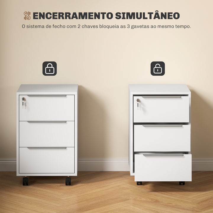 Bloco de Gavetas Móvel de Escritório com 3 Gavetas Fechadura Rodas e Travão para Documentos Arquivos 40x40x63,5 cm Branco