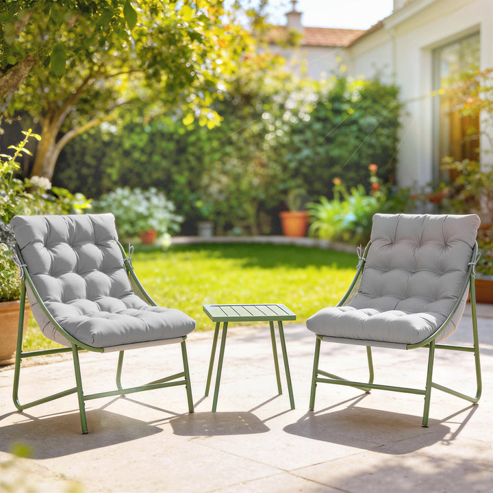 Conjunto de Mesa e Cadeiras de Jardim Exterior de 3 Peças Móveis com Almofadas 2 Cadeiras Lounge Mesa de Apoio e Estrutura de Aço para Pátio Cinza Claro