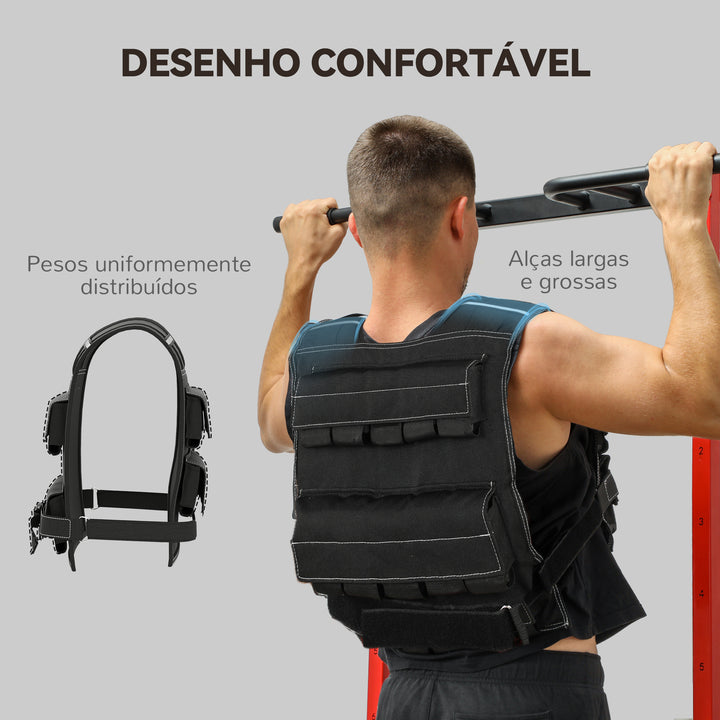 Colete de Pesos 20 kg Colete de Musculação Ajustável com 20 Pacotes de Peso Bandas Reflectoras Colete de Cross Training para Treino de Força Preto