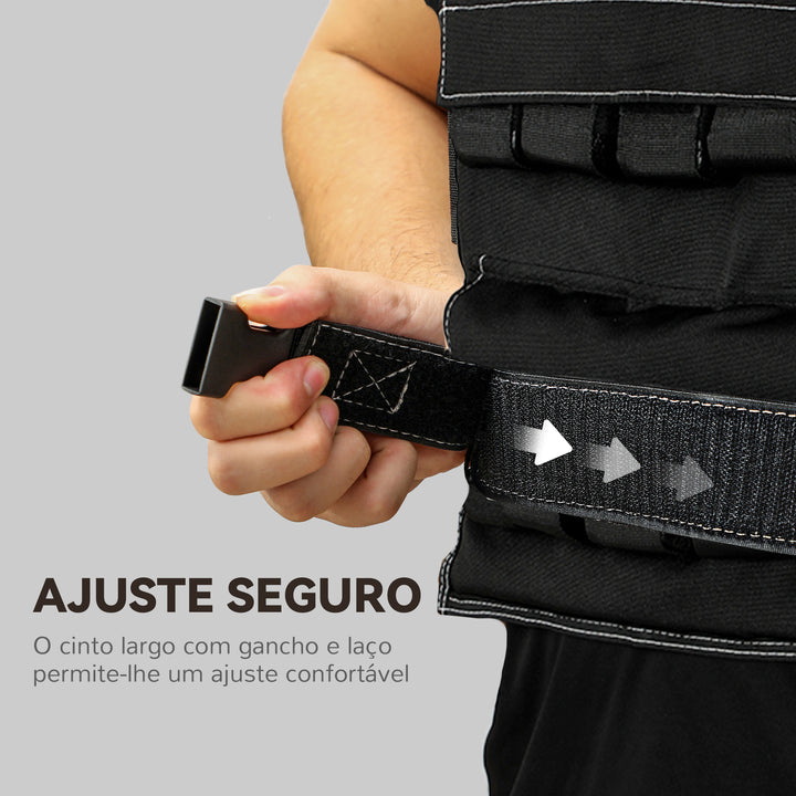 Colete de Pesos 20 kg Colete de Musculação Ajustável com 20 Pacotes de Peso Bandas Reflectoras Colete de Cross Training para Treino de Força Preto
