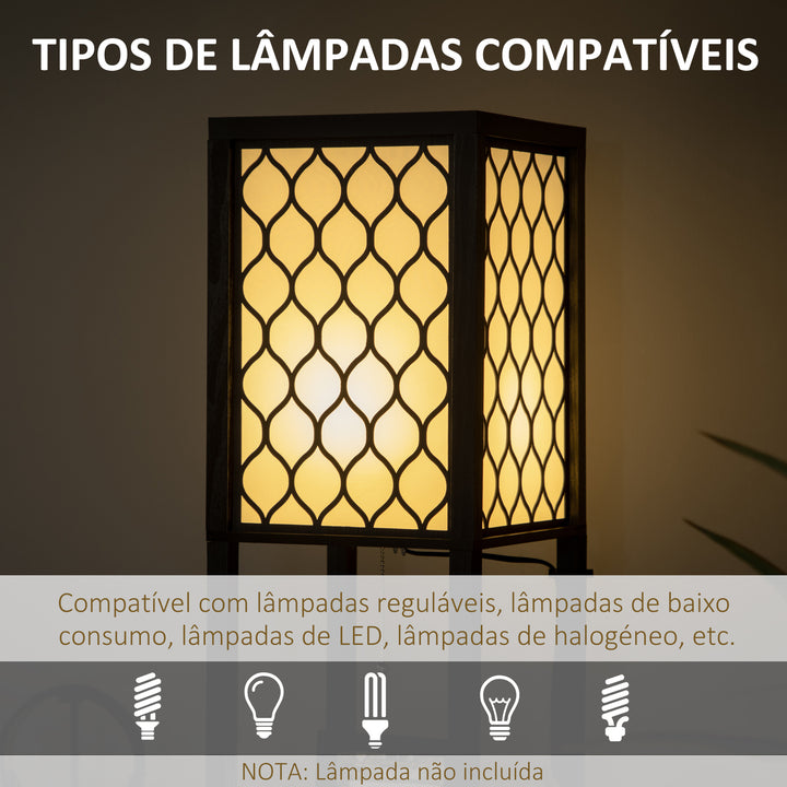 Candeeiro de Pé de Madeira Candeeiro de Pé com Estantes Lâmpada E27 Máx. 40W com Interruptor para Sala de Estar Dormitório Escritório 26x26x156cm Preto e Branco