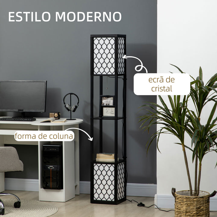 Candeeiro de Pé de Madeira Candeeiro de Pé com Estantes Lâmpada E27 Máx. 40W com Interruptor para Sala de Estar Dormitório Escritório 26x26x156cm Preto e Branco