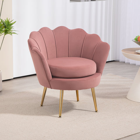 Poltrona de Sala Estofada em Veludo Poltrona para Quarto com Encosto em Forma de Concha e Pernas Douradas para Sala de Jantar 76x67x74 cm Rosa