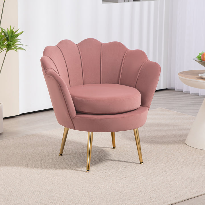 Poltrona de Sala Estofada em Veludo Poltrona para Quarto com Encosto em Forma de Concha e Pernas Douradas para Sala de Jantar 76x67x74 cm Rosa