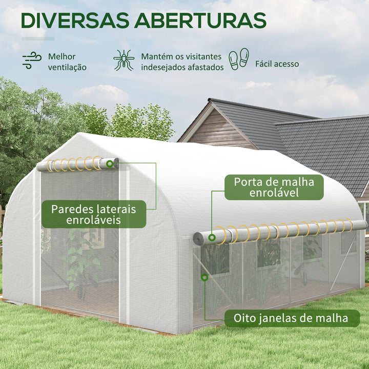 Estufa Tipo Túnel 395x300x200 cm com Porta de Malha e 8 Janelas Estufa de Jardim com Porta e Janelas Enroláveis e Cobertura de PE para Cultivos de Plantas Verduras Branco