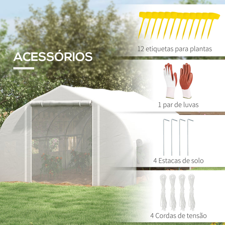 Estufa Tipo Túnel 395x300x200 cm com Porta de Malha e 8 Janelas Estufa de Jardim com Porta e Janelas Enroláveis e Cobertura de PE para Cultivos de Plantas Verduras Branco