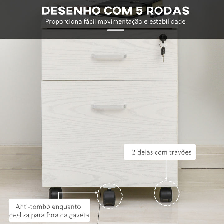 Armário móvel para arquivos A4 com rodas 2 gavetas e fechadura 40x44x54,6 cm Branco
