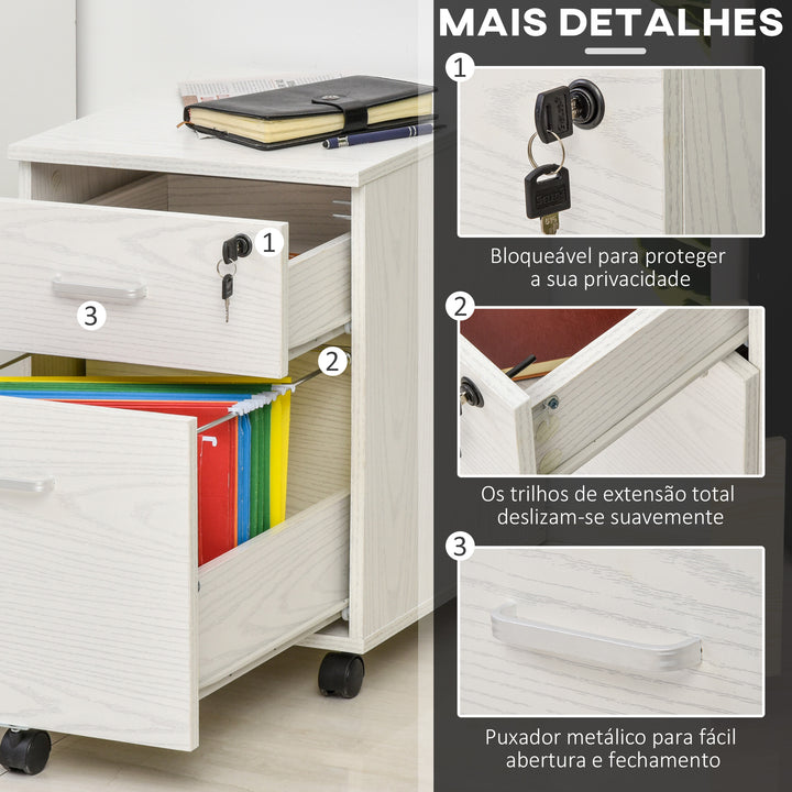 Armário móvel para arquivos A4 com rodas 2 gavetas e fechadura 40x44x54,6 cm Branco