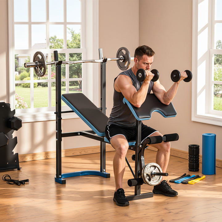 Banco de Musculação Multifuncional Banco de Pesos com Suporte para Barras e Encosto Ajustável para Treino Completo de Corpo em Casa Ginásio 155x56,5x120 cm Preto e Azul