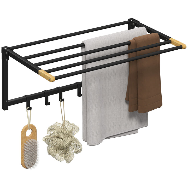 Toalheiro de Parede Dobrável com 5 Barras e 6 Ganchos Suporte para Toalhas para Casa de Banho Dobrável e Compacto 60x32,5x20 cm Preto