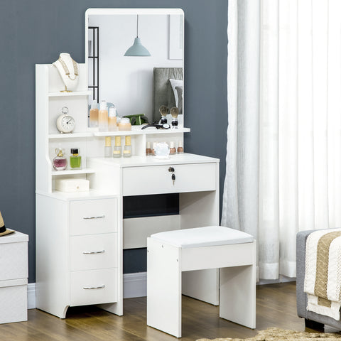 Toucador de Maquilhagem com Banco e Espelho Mesa de Maquilhagem com 4 Gavetas 4 Compartimentos de Armazenamento Estilo Moderno 80x38x143cm Branco