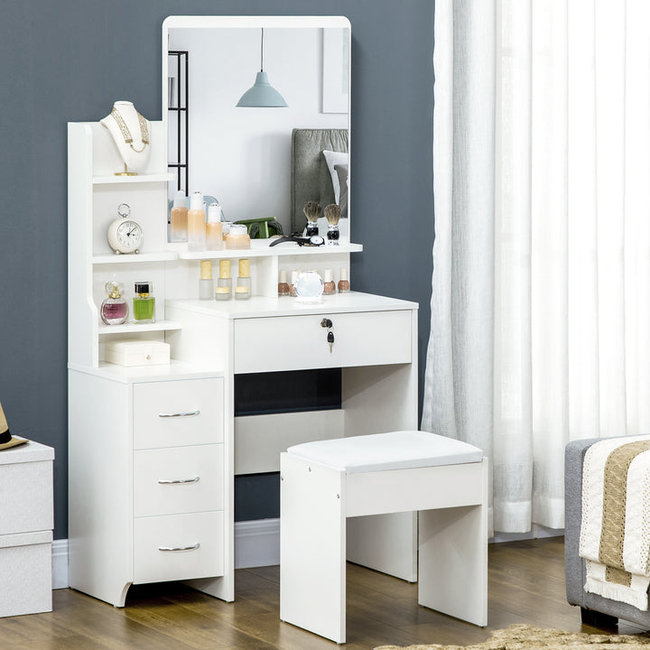 Toucador de Maquilhagem com Banco e Espelho Mesa de Maquilhagem com 4 Gavetas 4 Compartimentos de Armazenamento Estilo Moderno 80x38x143cm Branco
