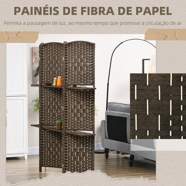 Biombo Separador de Ambientes 4 Painéis 160x170 cm com 2 Prateleiras Dobrável de Fibra de Papel Castanho