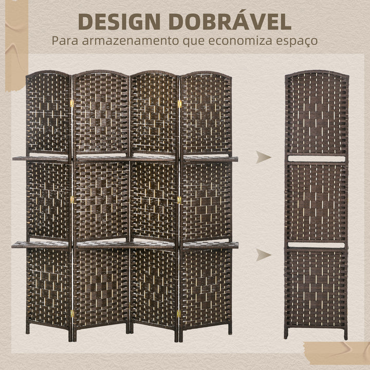 Biombo Separador de Ambientes 4 Painéis 160x170 cm com 2 Prateleiras Dobrável de Fibra de Papel Castanho