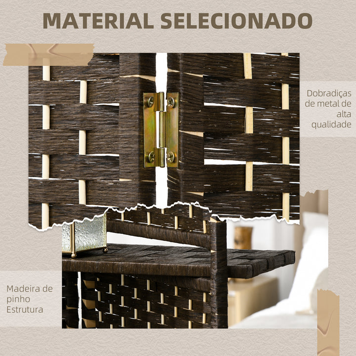 Biombo Separador de Ambientes 4 Painéis 160x170 cm com 2 Prateleiras Dobrável de Fibra de Papel Castanho