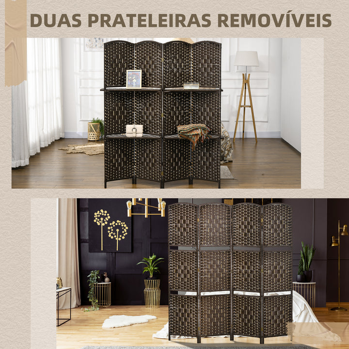 Biombo Separador de Ambientes 4 Painéis 160x170 cm com 2 Prateleiras Dobrável de Fibra de Papel Castanho