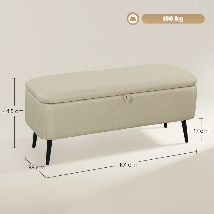 Banco de Armazenamento Estofado em Linho com Tampa Abatível e Pés de Aço para Dormitório Sala de Estar Entrada Carga Máxima 150kg 101x38,5x44,5 cm Bege