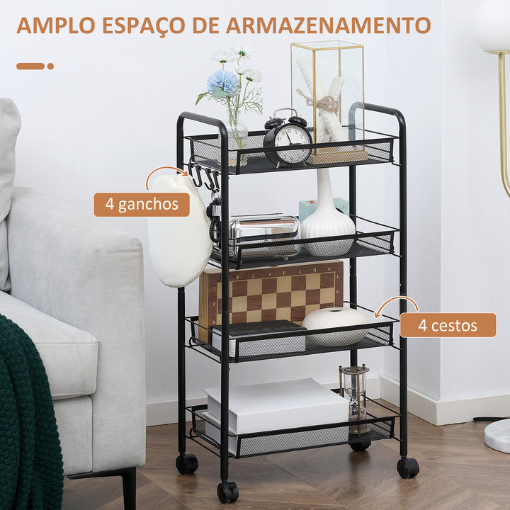 Carrinho Auxiliar com Rodas Carrinho de Cozinha de 4 Níveis Carrinho de Armazenamento com 4 Ganchos Carga 12 kg para Sala de Jantar Casa de Banho 45x26,5x84 cm Preto