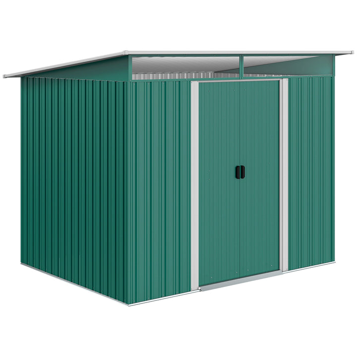 Abrigo de Jardim 4,5 m² 260x194x200 cm Abrigo Exterior Metálico com Painéis Frontais Transparentes e 2 Portas Deslizantes para Armazenamento de Ferramentas Verde