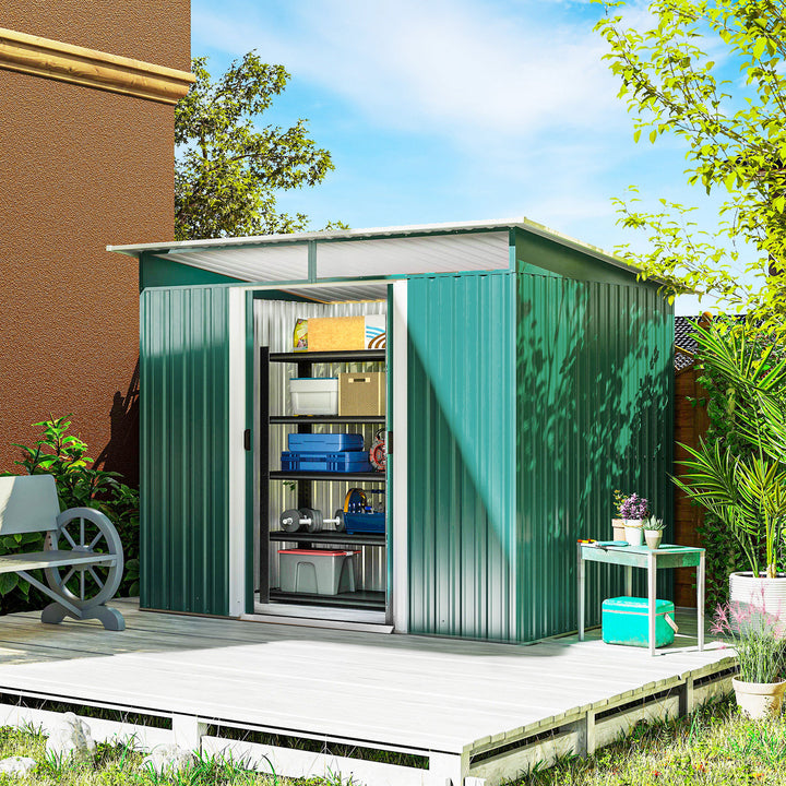 Abrigo de Jardim 4,5 m² 260x194x200 cm Abrigo Exterior Metálico com Painéis Frontais Transparentes e 2 Portas Deslizantes para Armazenamento de Ferramentas Verde