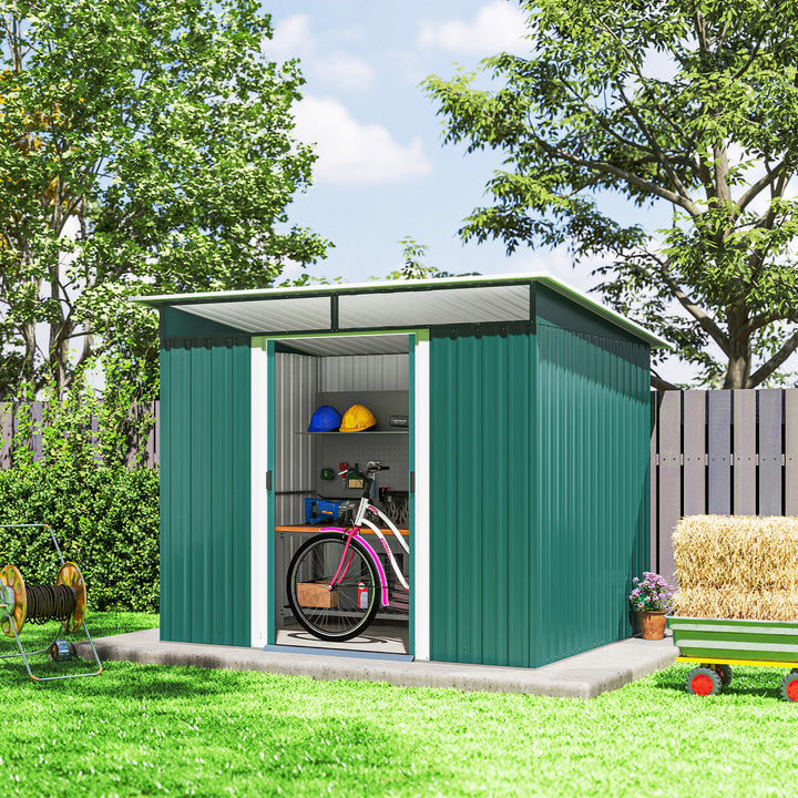 Abrigo de Jardim 4,5 m² 260x194x200 cm Abrigo Exterior Metálico com Painéis Frontais Transparentes e 2 Portas Deslizantes para Armazenamento de Ferramentas Verde