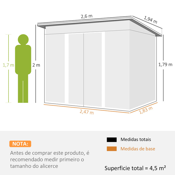 Abrigo de Jardim 4,5 m² 260x194x200 cm Abrigo Exterior Metálico com Painéis Frontais Transparentes e 2 Portas Deslizantes para Armazenamento de Ferramentas Verde
