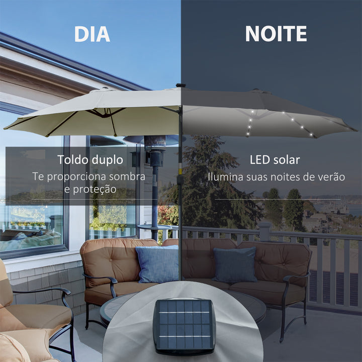 Chapéu de Sol Duplo de Jardim com 48 Luzes LED Solar 450x265x240cm Chapéu de Sol de Exterior com Manivela Proteção Solar para Terraço Balcão Piscina Cinza Claro