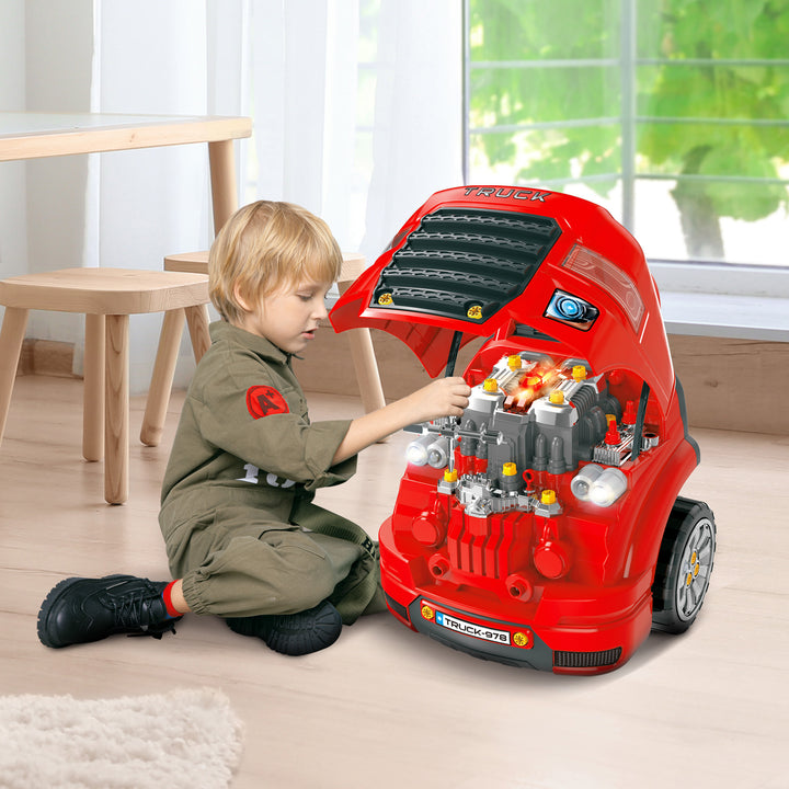 Motor de Caminhão para Crianças acima de 3 Anos Conjunto de Motor de Brinquedo com 61 Peças Volante Buzina Faróis Caixa de Armazenamento e Rodas 40x39x47cm Vermelho