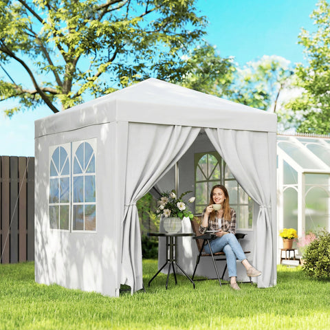 Tenda Dobrável 2x2 Tenda de Jardim com 4 Paredes Laterais Tecido Oxford 2 Portas 2 Janelas e Bolsa de Transporte para Exterior Terraço Campismo Festas Branco