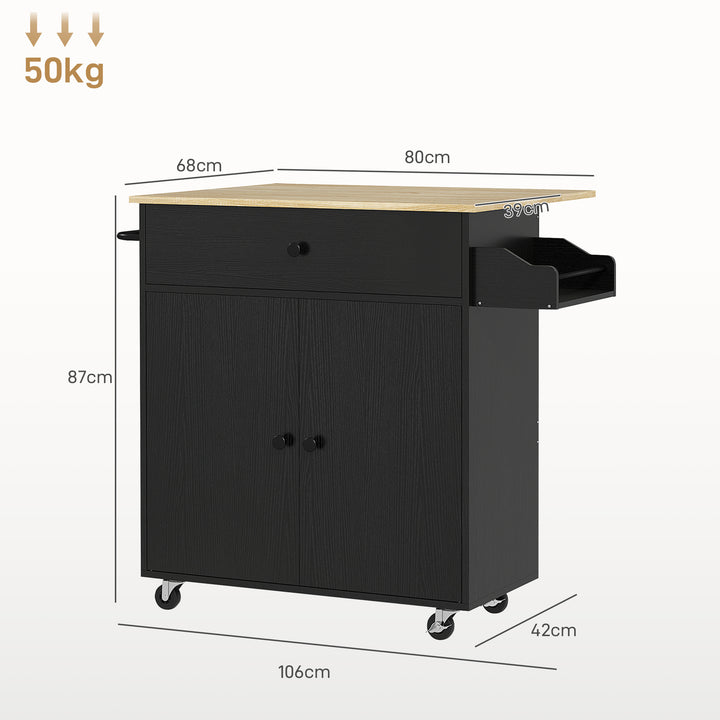 Ilha de Cozinha com Rodas Carrinho de Cozinha com Lateral Dobrável 2 Portas Gaveta Suporte para Temperos e Panos e Prateleira Ajustável 106x42x87 cm Preto e Carvalho