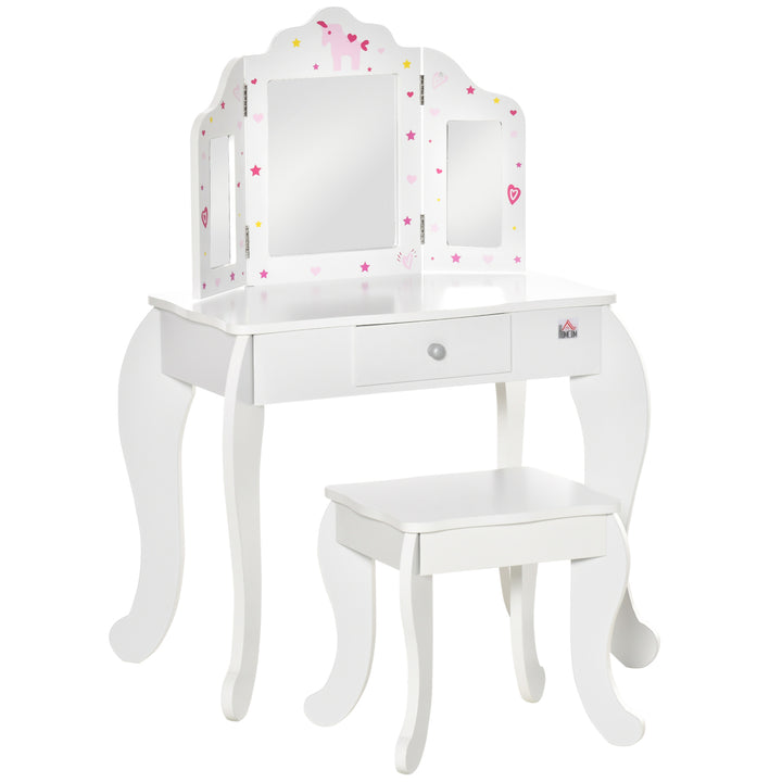 Toucador Infantil de Madeira com Banco e Espelho de Acrílico de 2 Sessões Mesa de Maquilhagem Infantil com Gaveta para Dormitório Sala de Jogos 63x40x85,5cm Branco