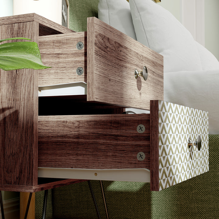 Mesa de Cabeceira com 2 Gavetas Mesa de Noite com Pés de Aço Estilo Boémio Mesa de Cabeceira para Quarto Sala de Estar 45x39x55,5 cm Marrom