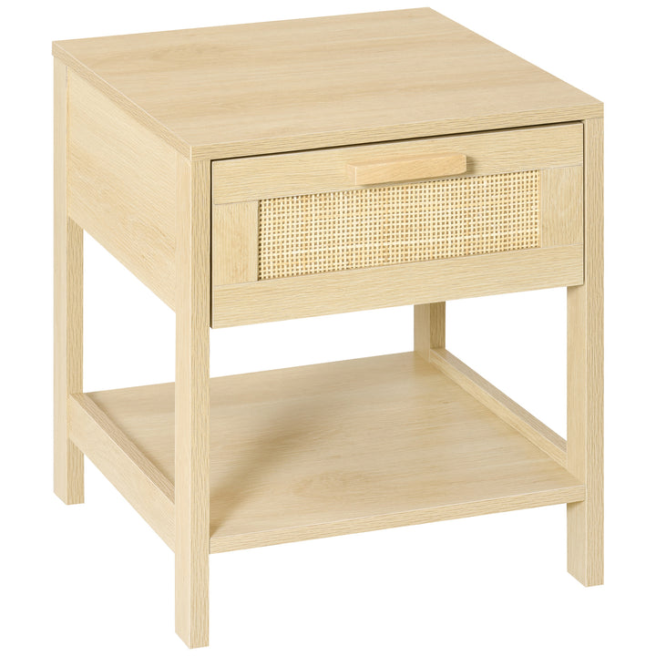Mesa de cabeceira em malha Mesa lateral com gaveta e prateleira inferior em DM e vime para quarto Sala 40x40x48 cm Cor madeira