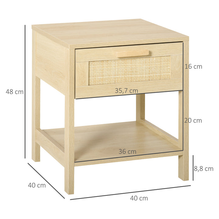 Mesa de cabeceira em malha Mesa lateral com gaveta e prateleira inferior em DM e vime para quarto Sala 40x40x48 cm Cor madeira