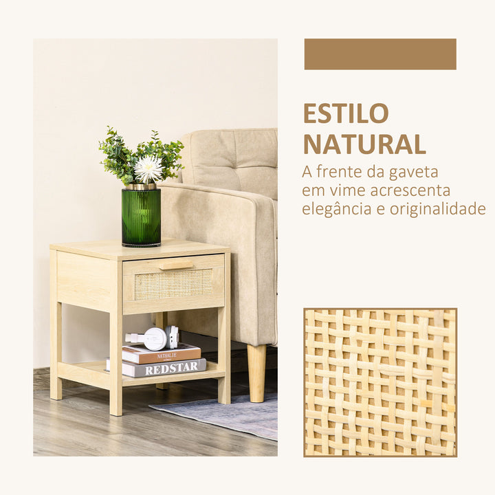 Mesa de cabeceira em malha Mesa lateral com gaveta e prateleira inferior em DM e vime para quarto Sala 40x40x48 cm Cor madeira
