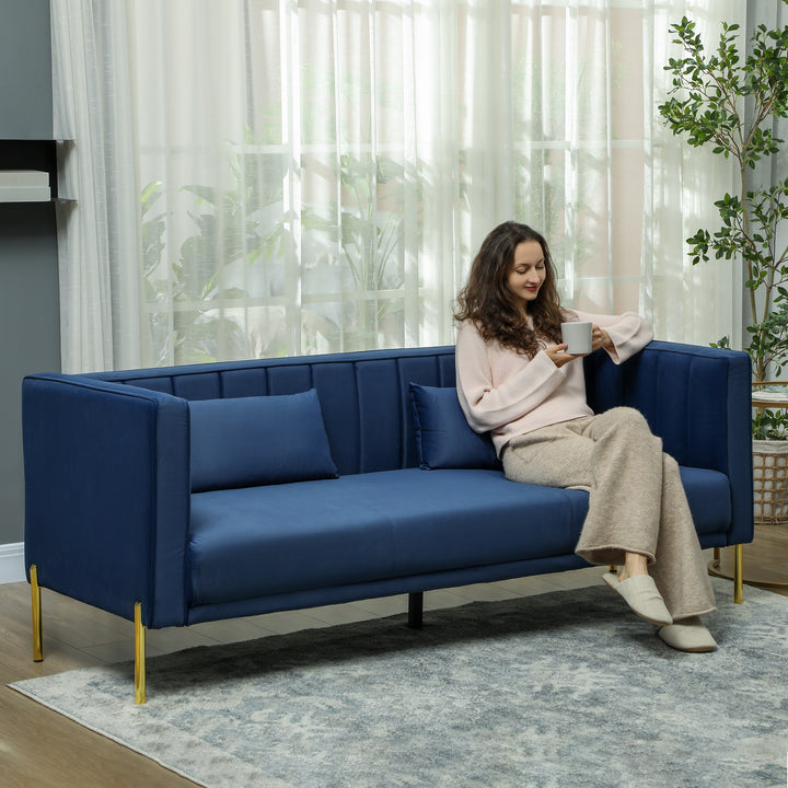 Sofá de 3 Lugares Sofá Sala de Estar de 194,5 cm Estofado em Veludo com 2 Almofadas Apoio para os Braços e Pés Dourados Azul Marinho