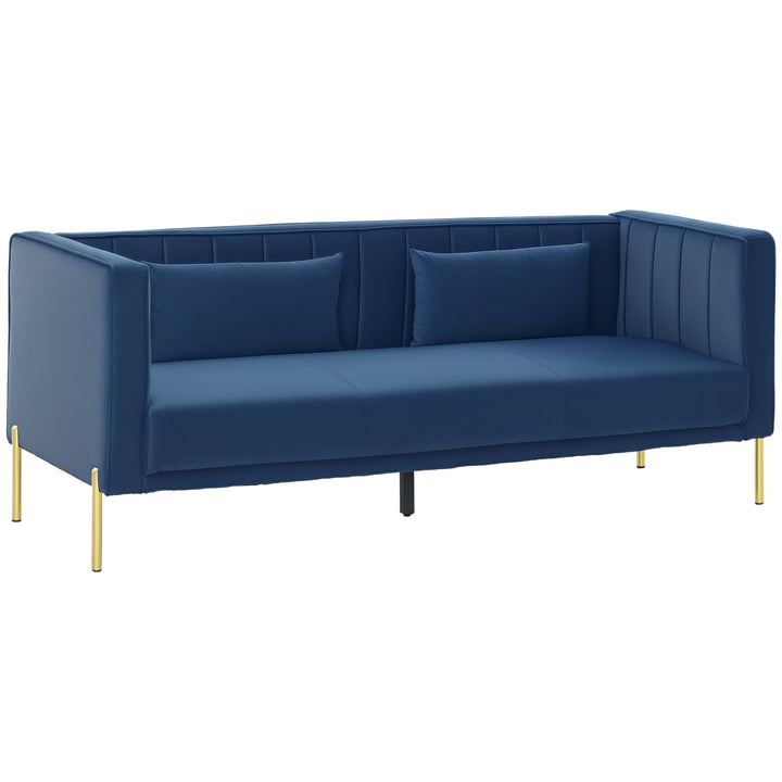Sofá de 3 Lugares Sofá Sala de Estar de 194,5 cm Estofado em Veludo com 2 Almofadas Apoio para os Braços e Pés Dourados Azul Marinho