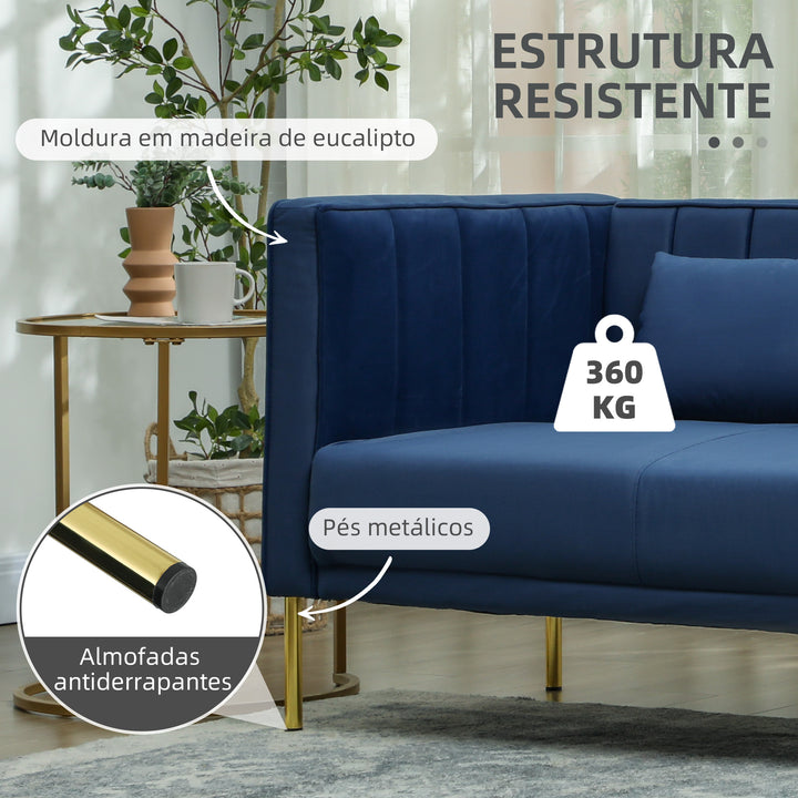 Sofá de 3 Lugares Sofá Sala de Estar de 194,5 cm Estofado em Veludo com 2 Almofadas Apoio para os Braços e Pés Dourados Azul Marinho