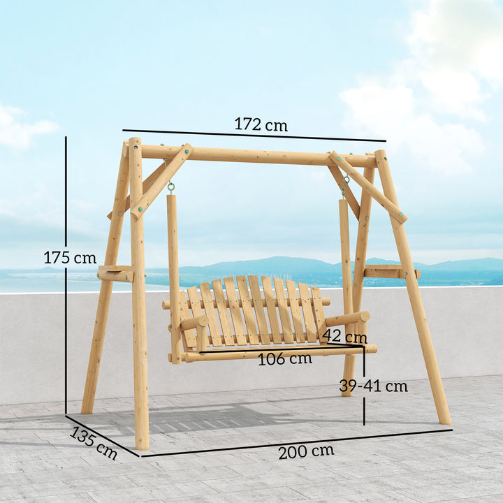 Banco Baloiço de Jardim de Madeira para 2 Pessoas Baloiço de Exterior com Bandejas Laterais Apoios para os Braço e Estrutura em A para Pátio, Alpendre Carga 240 kg 200x135x175 cm Madeira