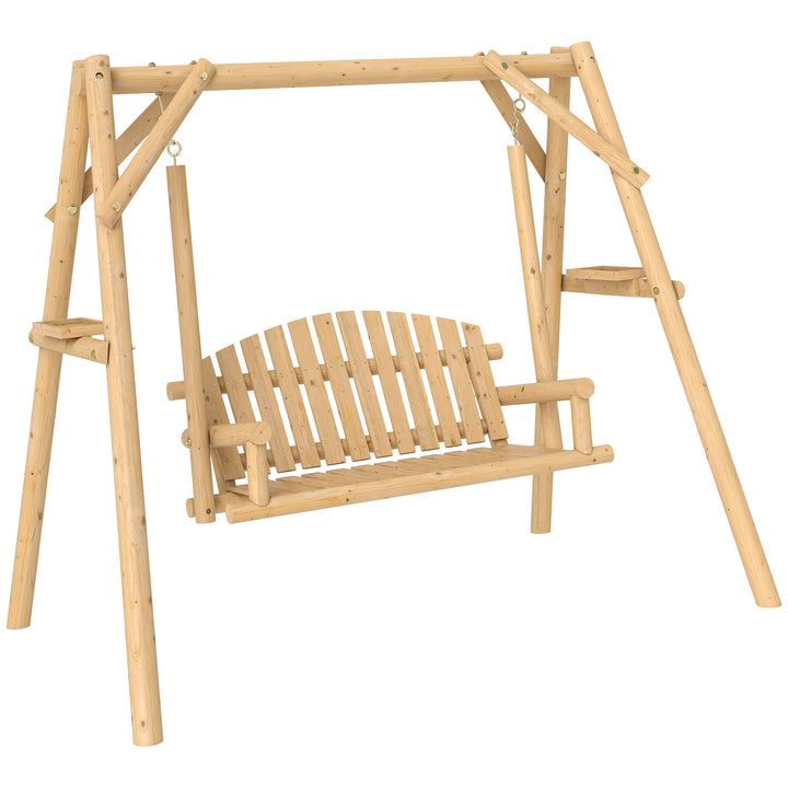 Banco Baloiço de Jardim de Madeira para 2 Pessoas Baloiço de Exterior com Bandejas Laterais Apoios para os Braço e Estrutura em A para Pátio, Alpendre Carga 240 kg 200x135x175 cm Madeira