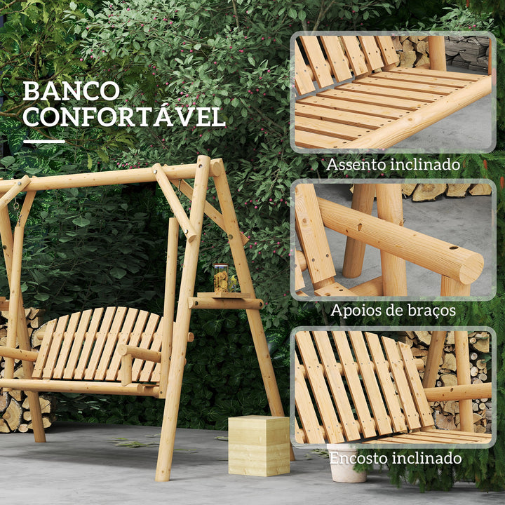 Banco Baloiço de Jardim de Madeira para 2 Pessoas Baloiço de Exterior com Bandejas Laterais Apoios para os Braço e Estrutura em A para Pátio, Alpendre Carga 240 kg 200x135x175 cm Madeira