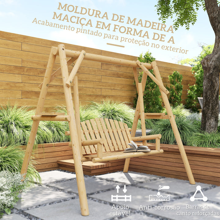 Banco Baloiço de Jardim de Madeira para 2 Pessoas Baloiço de Exterior com Bandejas Laterais Apoios para os Braço e Estrutura em A para Pátio, Alpendre Carga 240 kg 200x135x175 cm Madeira